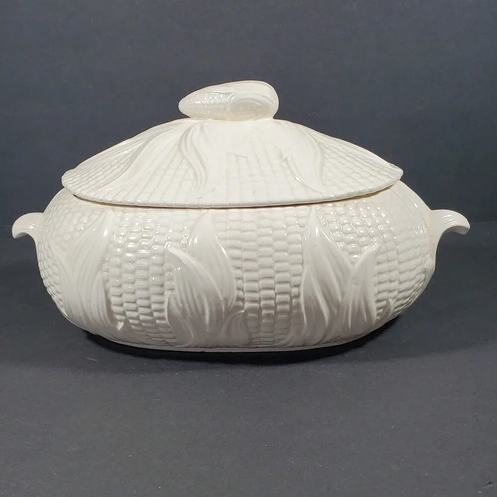 Vintage White Corn Casserole Dish Soup Dish with Lid 1981